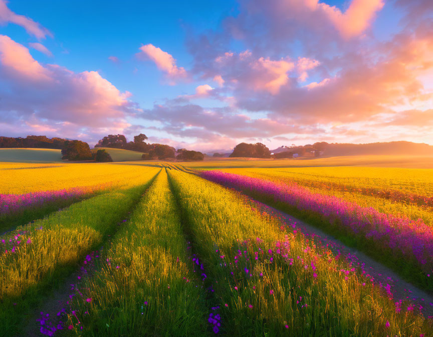 Colorful Flower Field at Sunrise with Fluffy Clouds