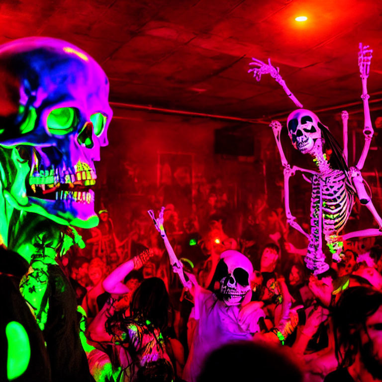 Colorful Skeleton Costume Party in Energetic Lighting