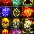 Assorted neon sign designs on dark background with geometric shapes and stylized skulls in vibrant colors