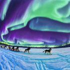 Dog sled team under vibrant aurora borealis in snowy landscape