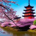 Traditional Asian landscape painting with pagoda, cherry blossoms, bridge, river, and mountains.