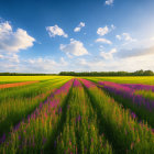 Colorful Flower Field at Sunrise with Fluffy Clouds