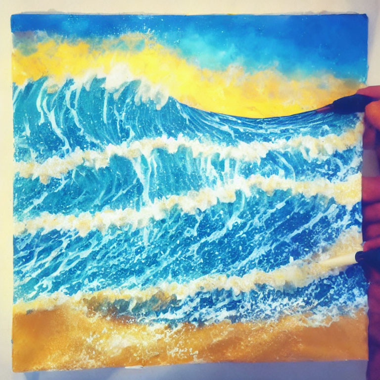 Vibrant painting of blue crashing wave under yellow and blue sky