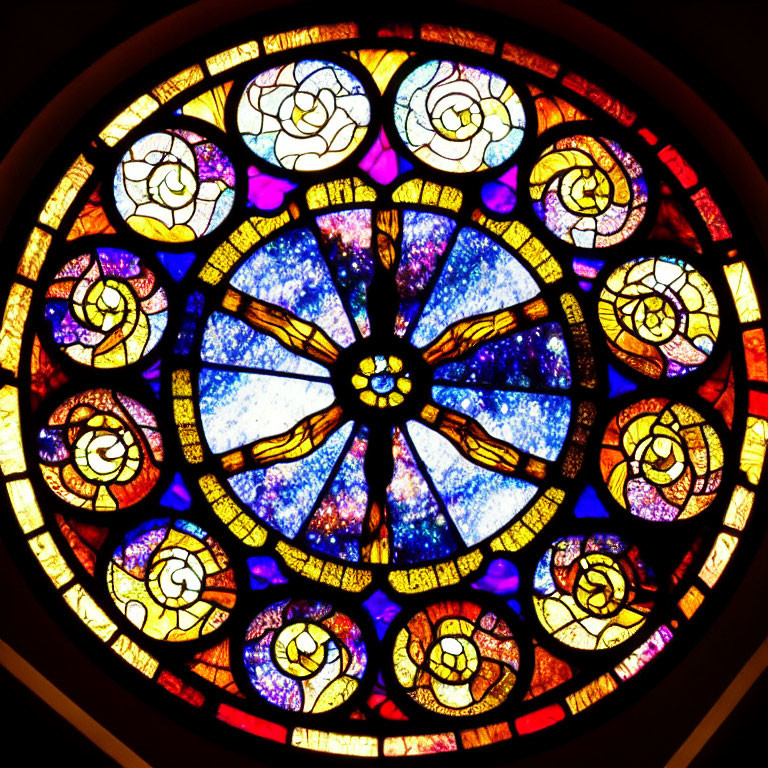 Circular Flower Pattern Stained Glass Window in Blue, Yellow, and Purple