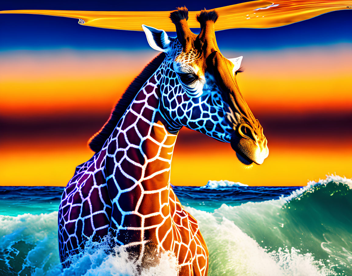 Surreal giraffe emerging from ocean waves at sunset