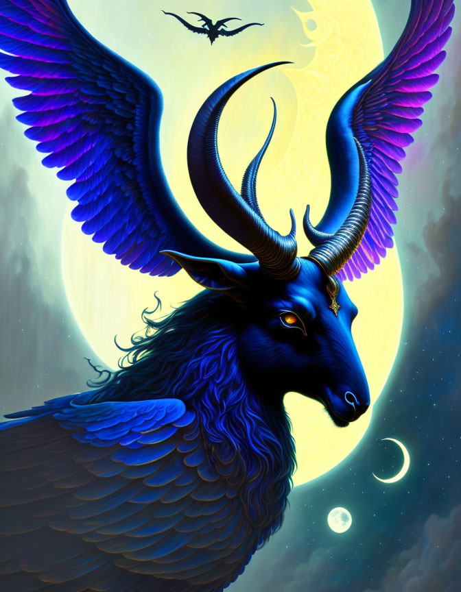 Blue Winged Goat with Golden Horn in Celestial Setting