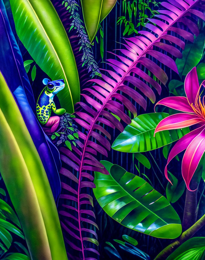 Colorful frog on leaf in lush tropical setting with purple and green foliage.