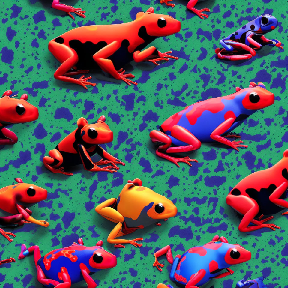 Colorful Stylized Frogs Pattern on Green Background with Spots