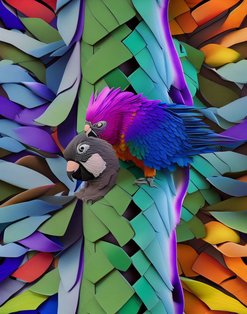 Colorful Digital Artwork: Stylized Parrots & Intricate Background