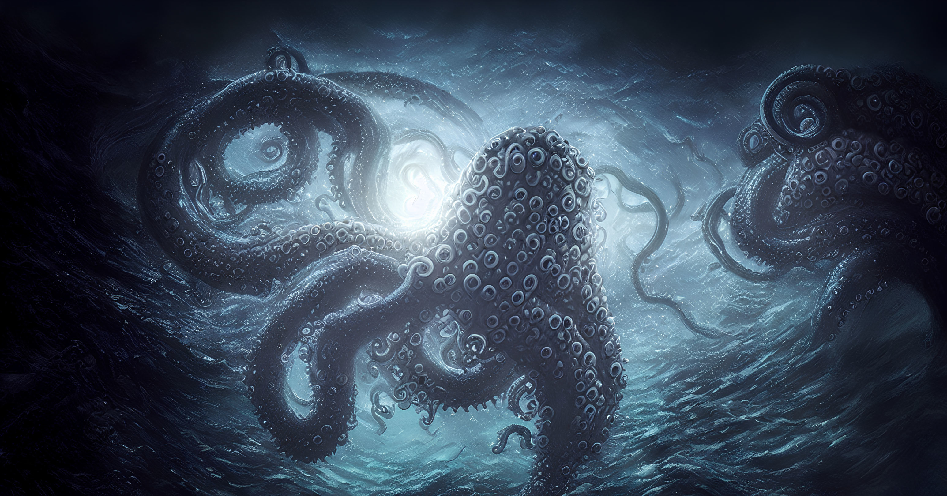 Giant Octopuses with Swirling Tentacles in Dark Underwater Scene