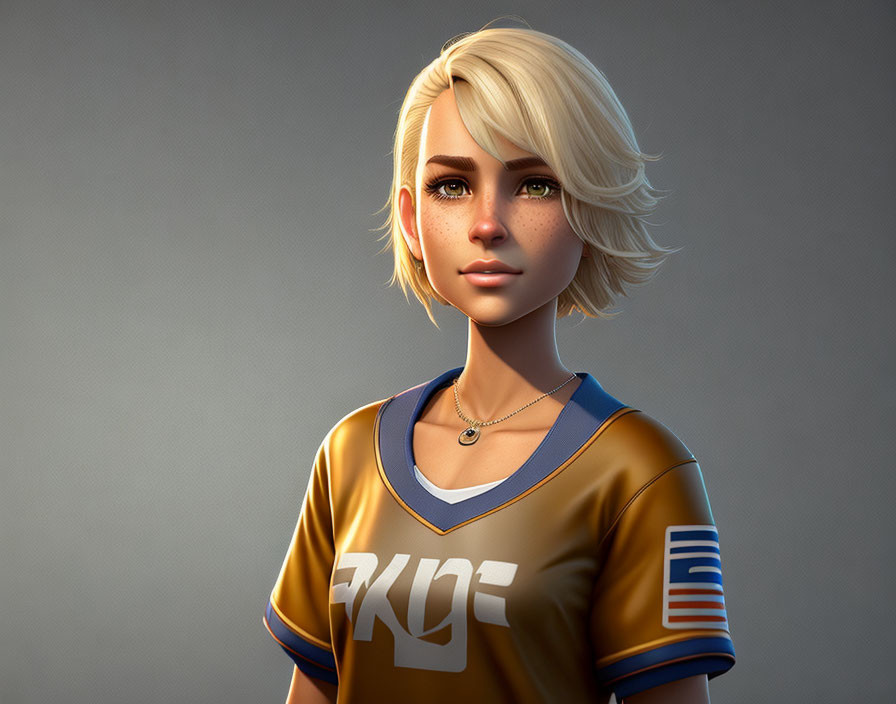 Young woman with short blonde hair in "Riot" sports jersey - 3D digital portrait