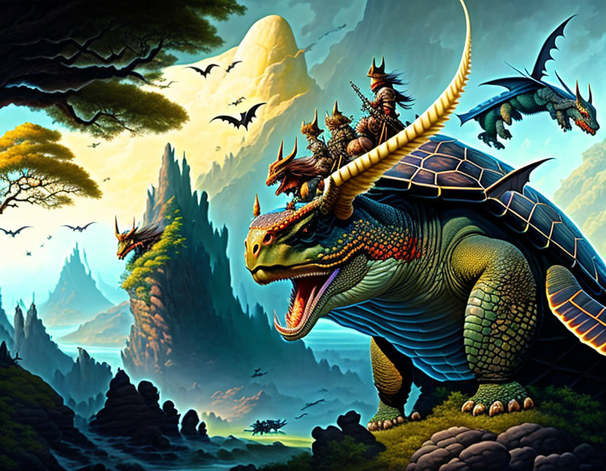 Majestic dragons in mystical landscape with mountains