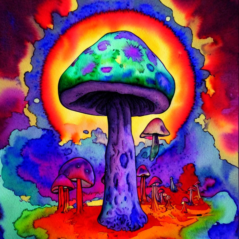 Colorful Watercolor Painting of Psychedelic Mushrooms on Swirling Background