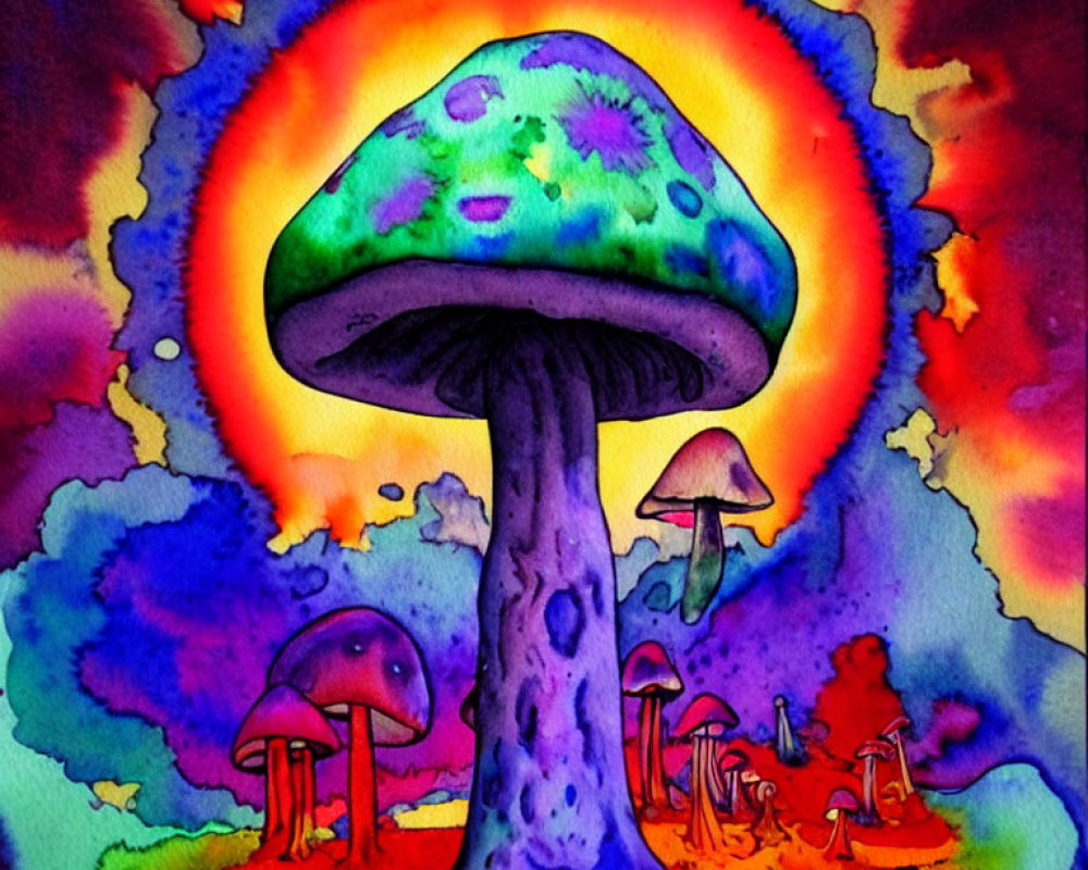 Colorful Watercolor Painting of Psychedelic Mushrooms on Swirling Background