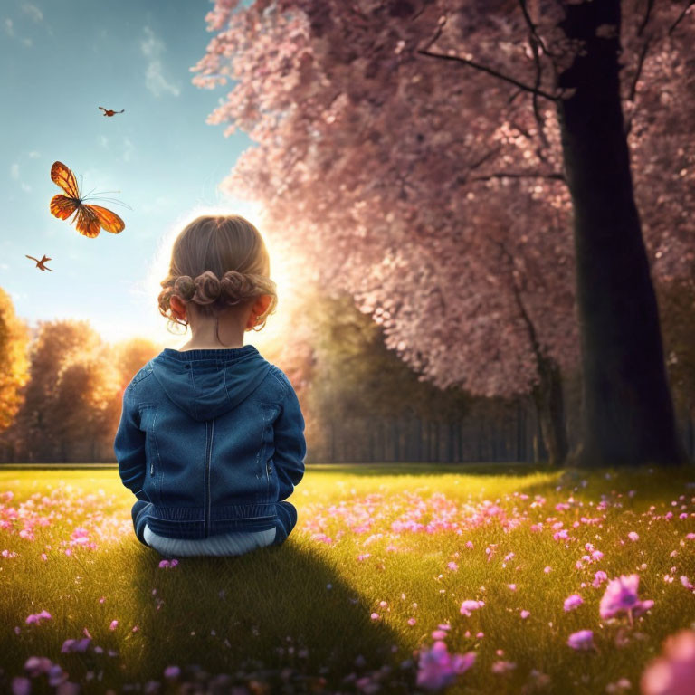 Child with pigtails in flower-filled meadow watching butterflies near cherry blossom trees