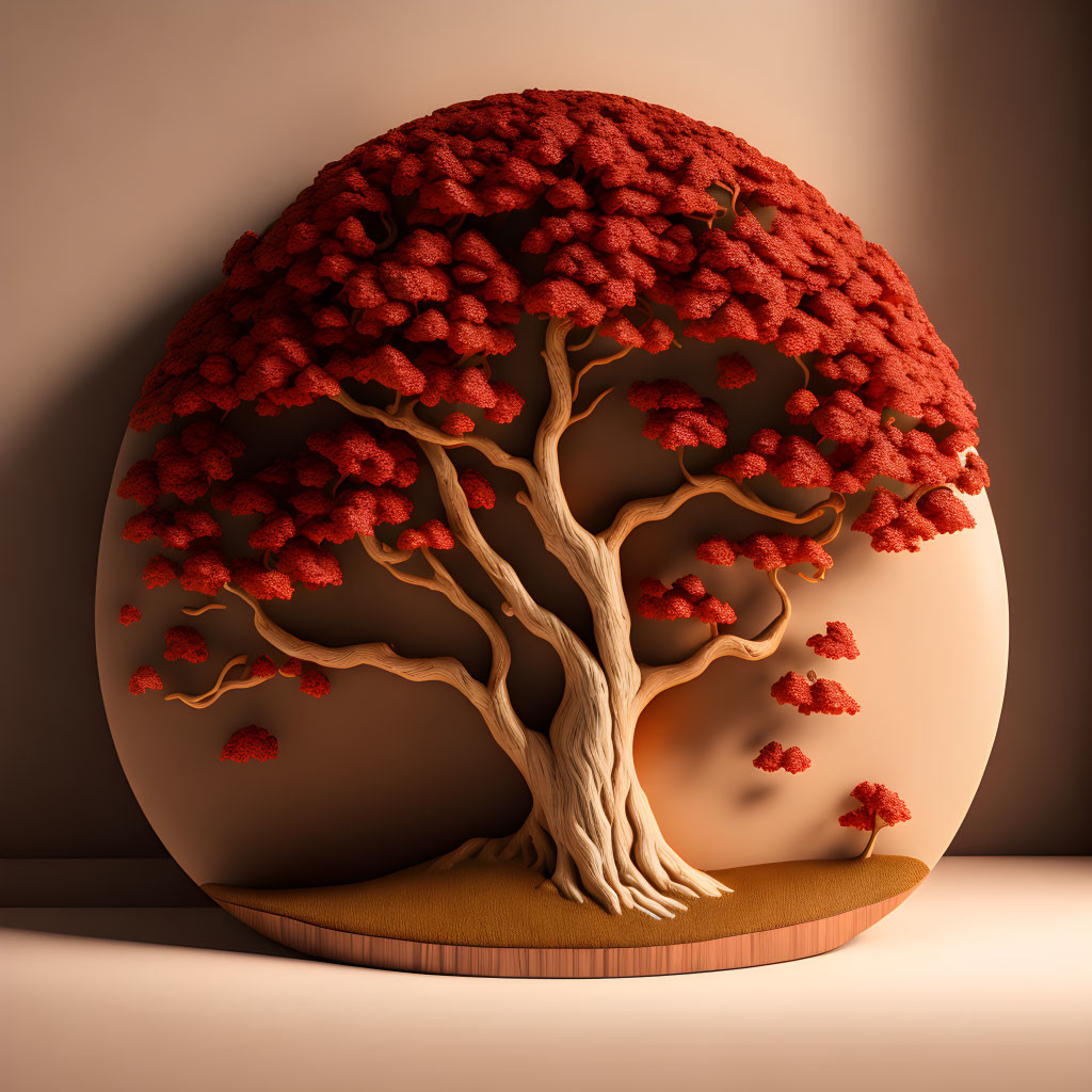 Digital artwork: Stylized tree with red leaves on egg-shaped backdrop