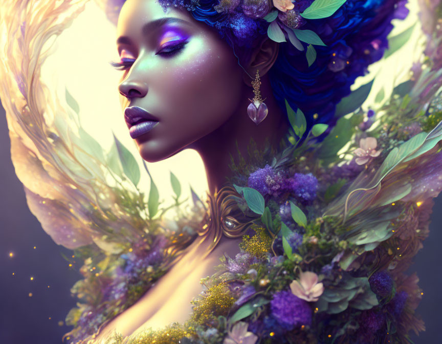 Fantasy digital artwork: Purple-skinned figure with floral decorations and subtle glitter