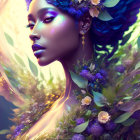 Fantasy digital artwork: Purple-skinned figure with floral decorations and subtle glitter