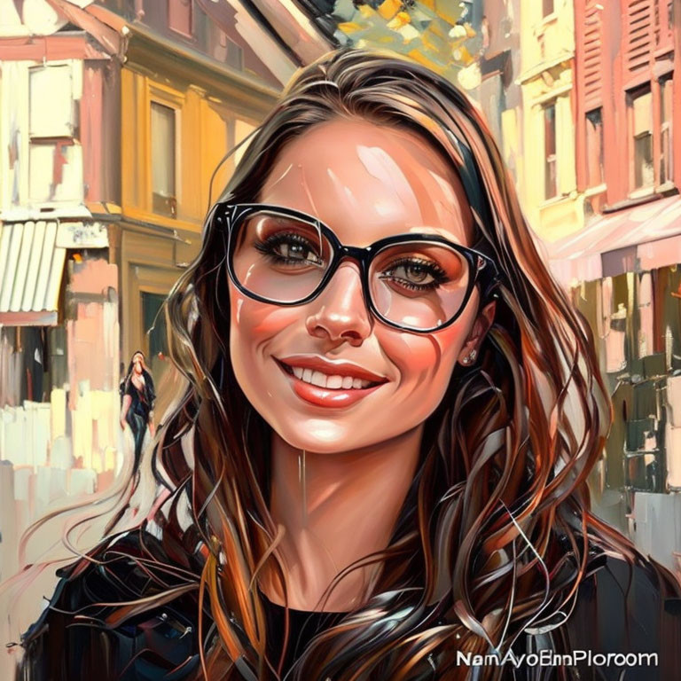 Smiling woman with long hair in glasses on urban street