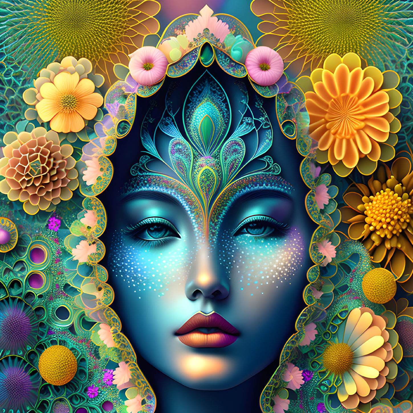 Colorful digital artwork of a woman's face with intricate patterns and floral motifs