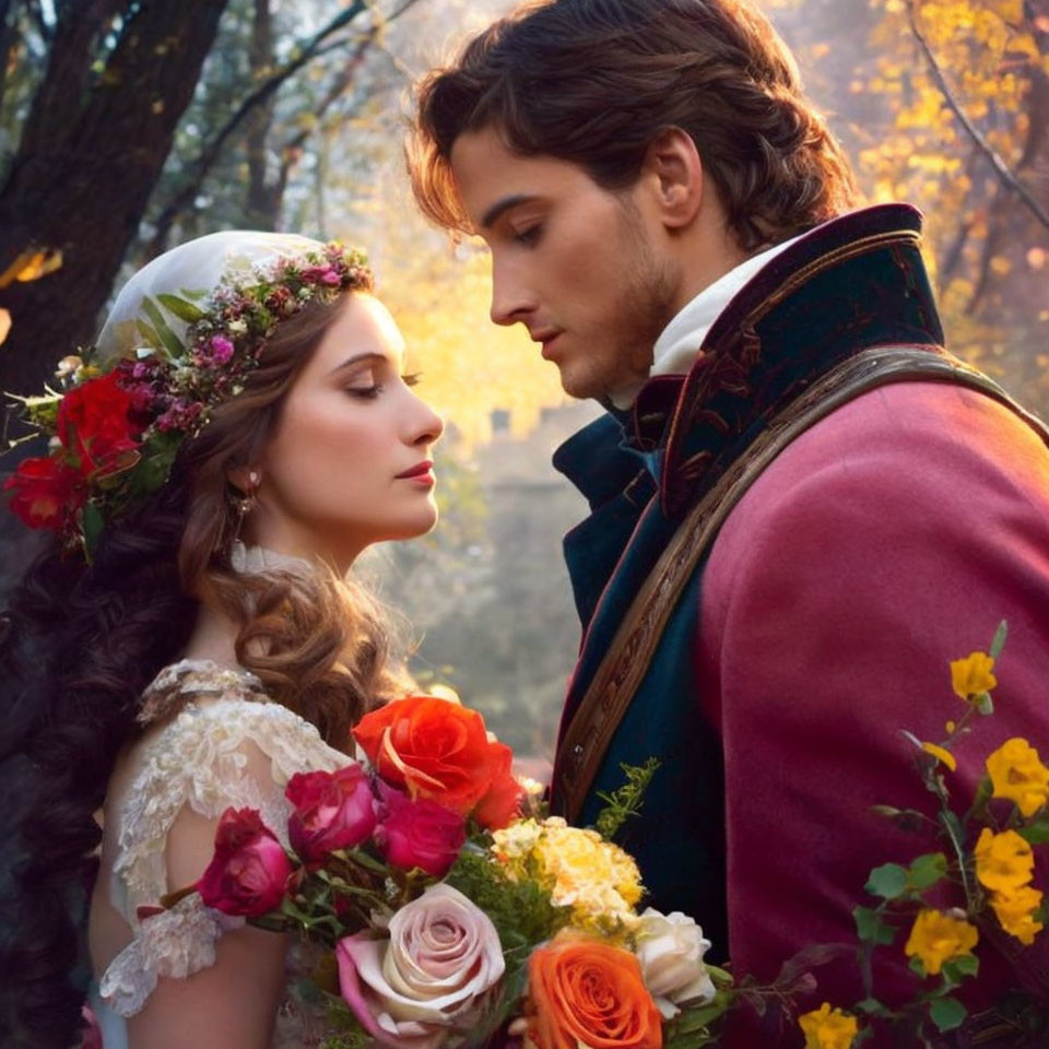 Couple in historical costumes among autumn foliage with floral headpiece.