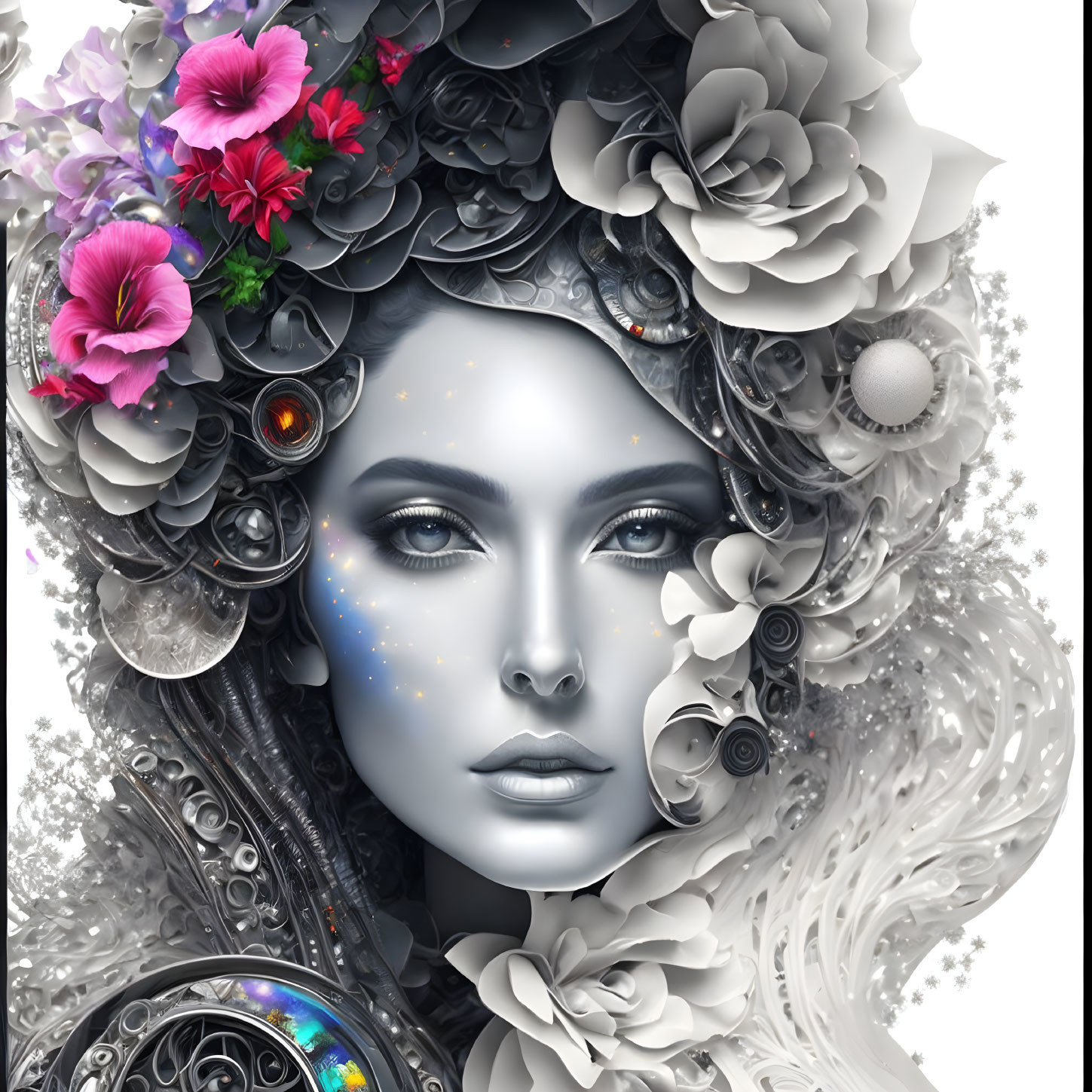 Monochrome Floral and Celestial Digital Portrait with Mechanical Details