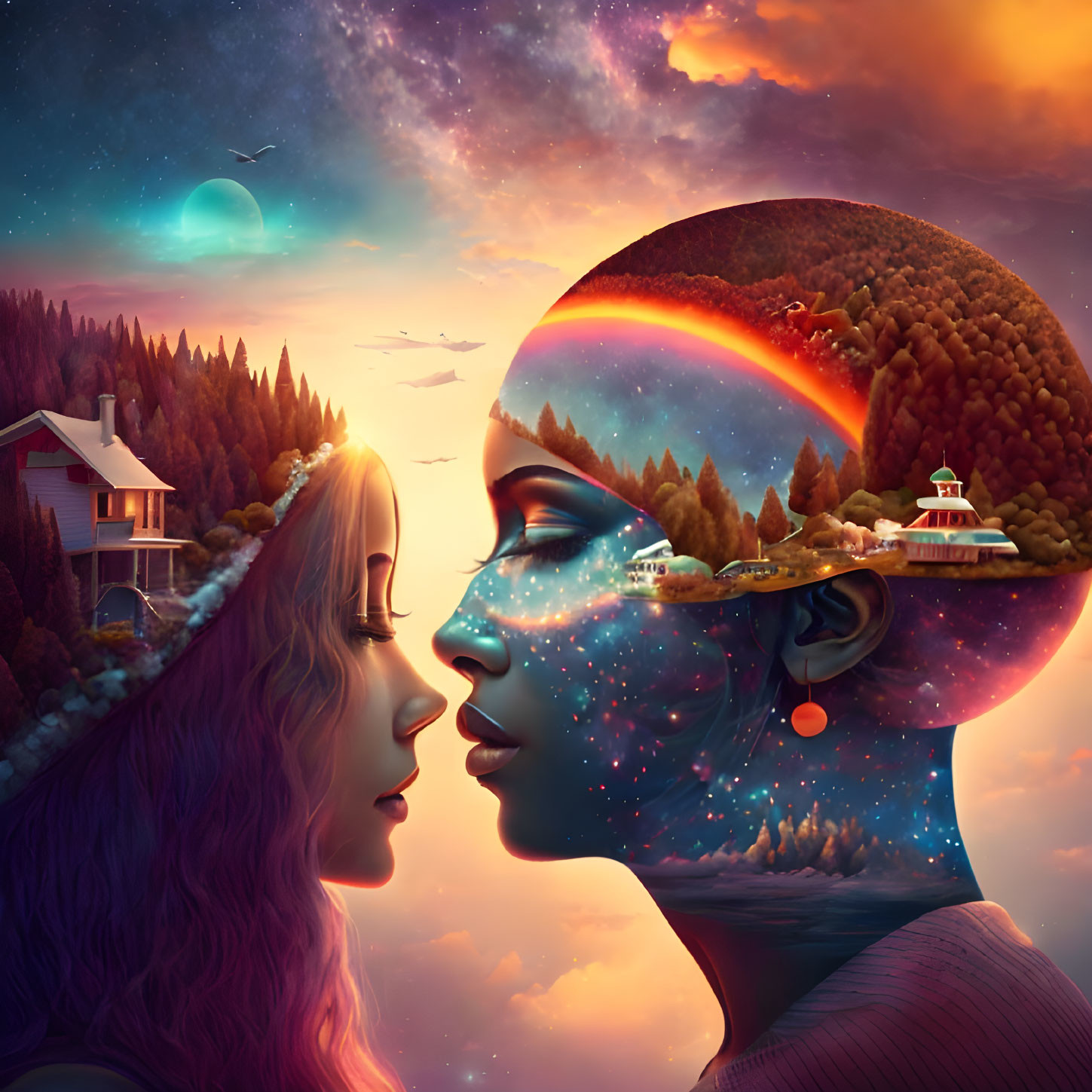 Surreal illustration of two faces with cosmic landscape and house silhouette