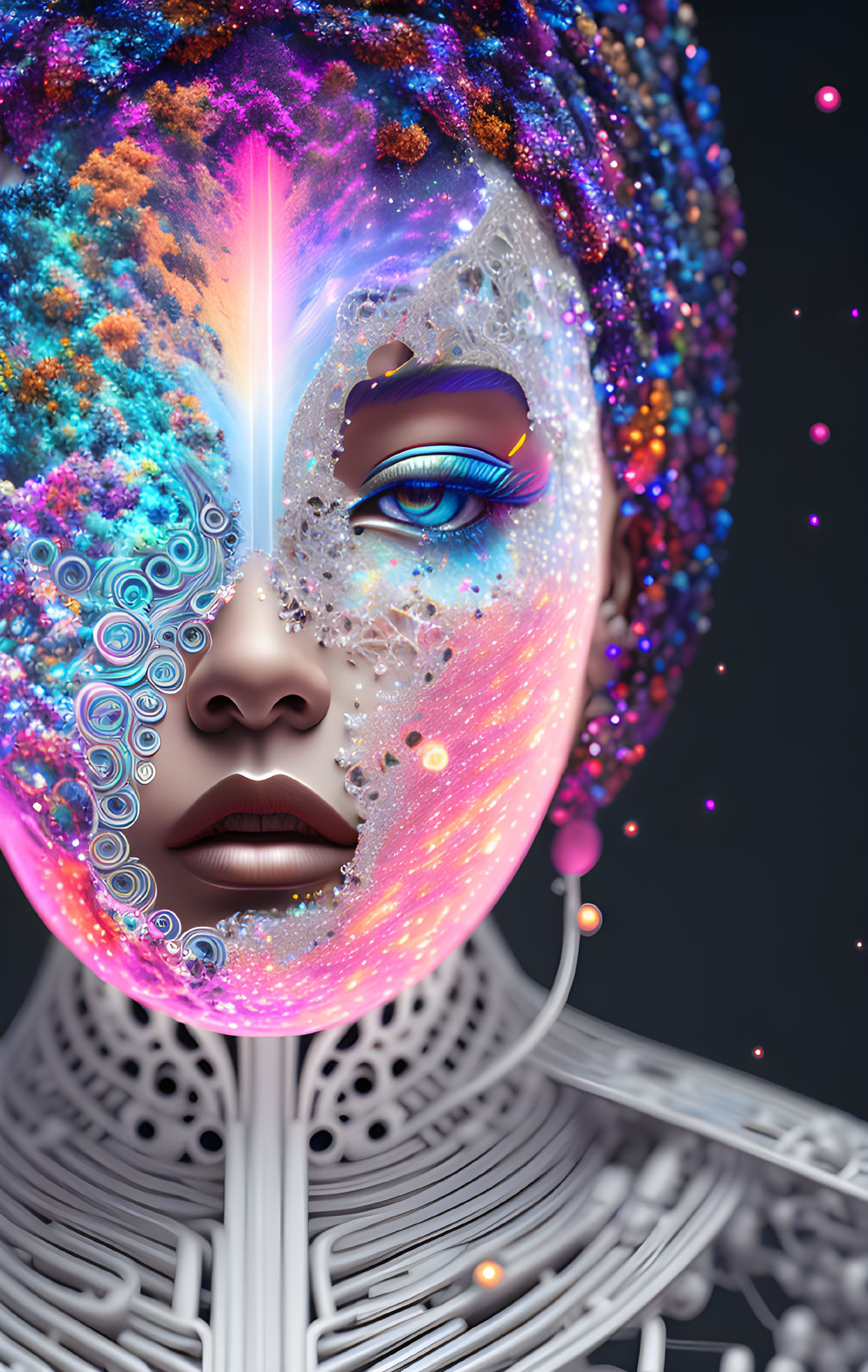 Vibrant digital artwork of female figure with galaxy-themed face