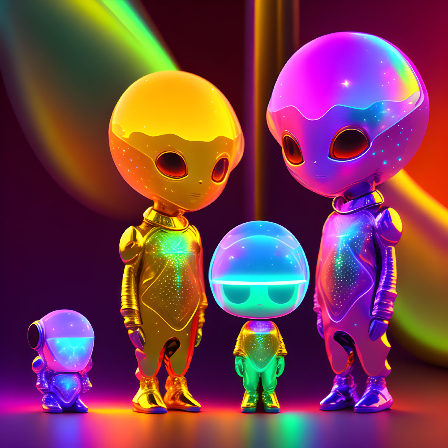 Vibrant 3D illustration: Alien family in gold, purple, and blue hues