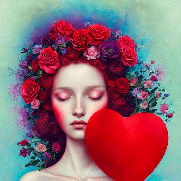 Serene woman with red rose crown holding plush heart on blue backdrop