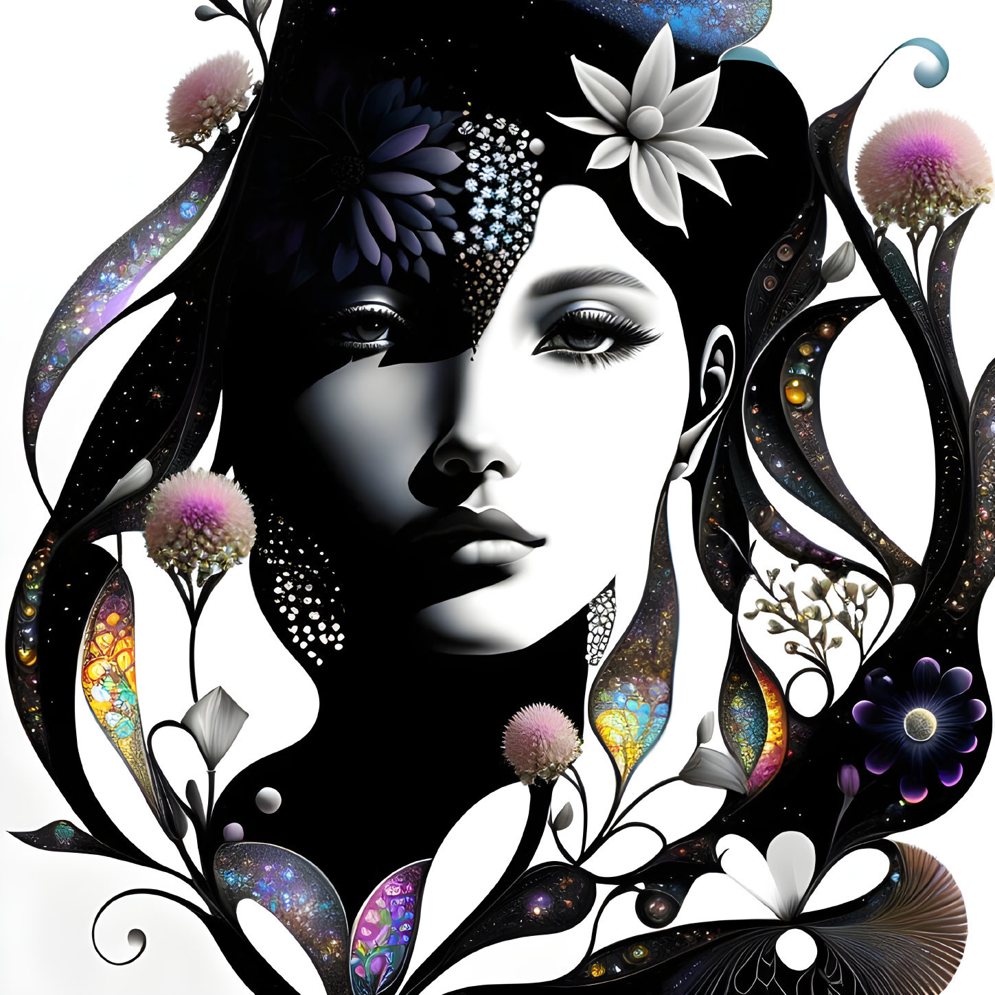 Grayscale portrait of a woman with floral and cosmic patterns.