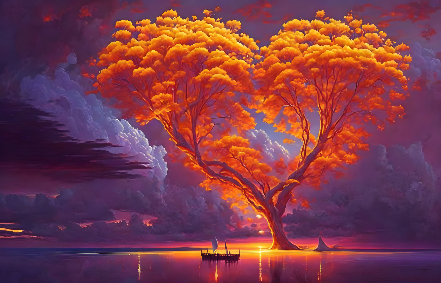 Surreal purple landscape with glowing sunset, orange tree, and boats