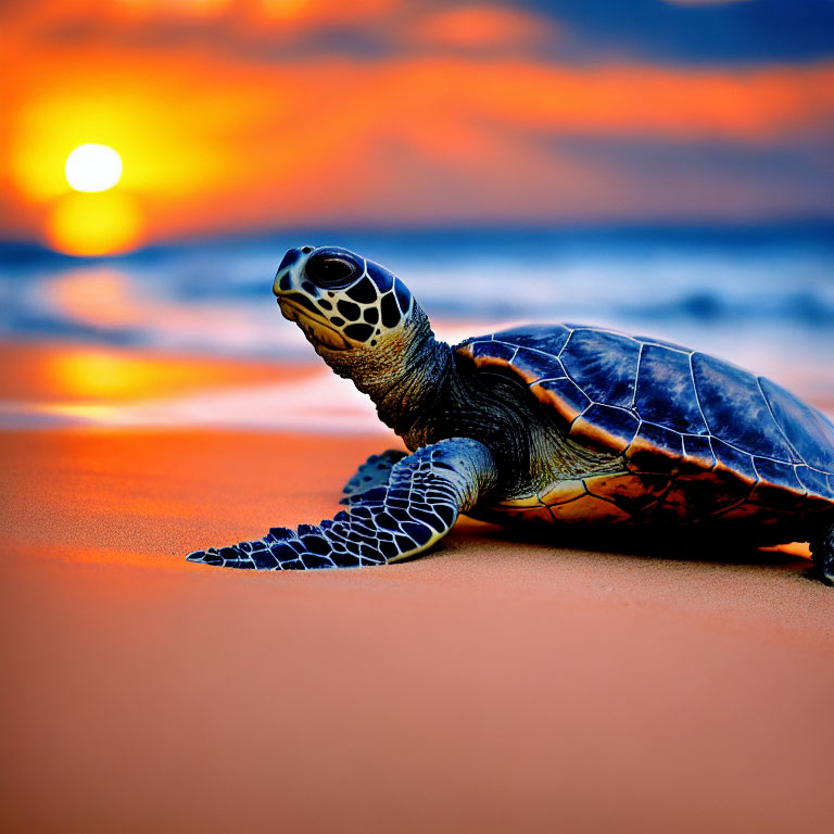 Sea Turtle on Sandy Beach at Sunset with Warm Orange and Blue Hues