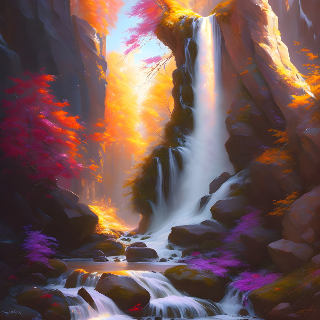 Tranquil waterfall in autumn canyon with vibrant foliage