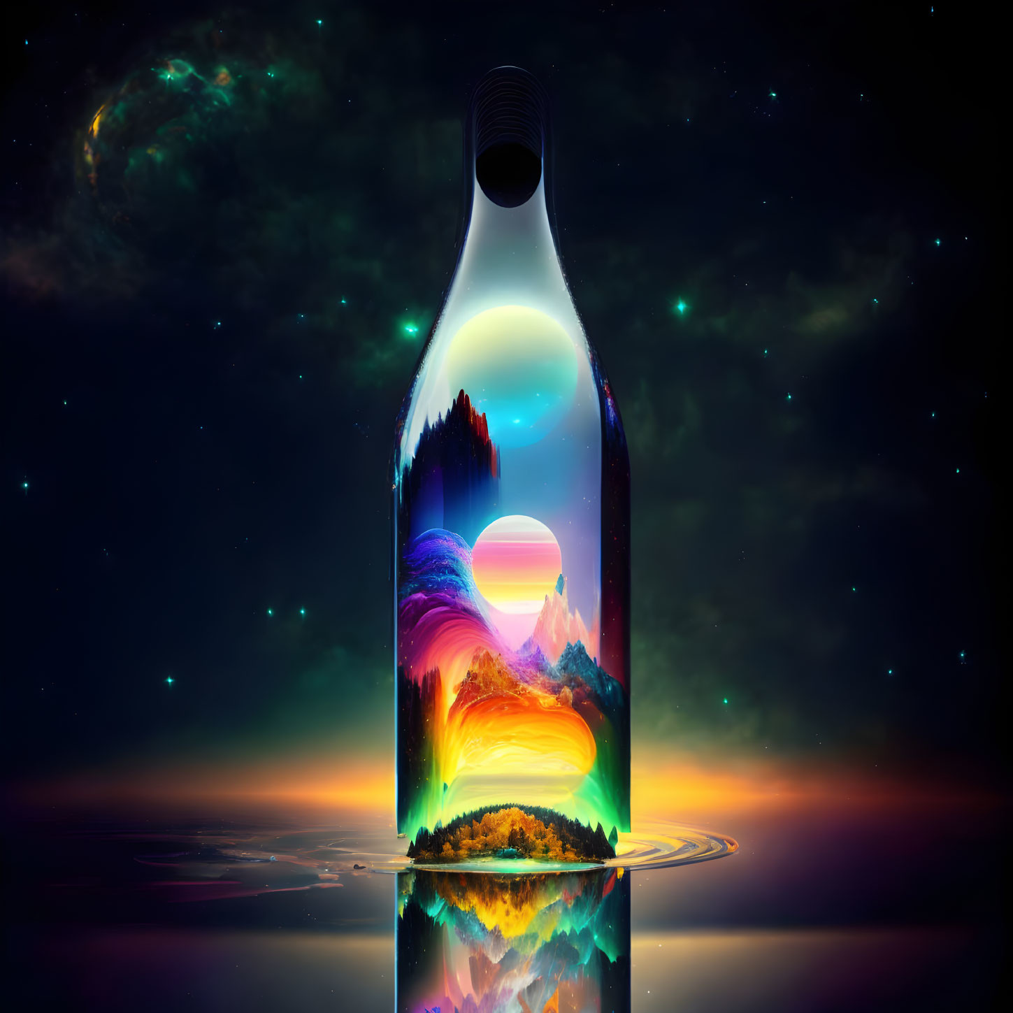 Surreal wine bottle with cosmic landscape and sunset reflection