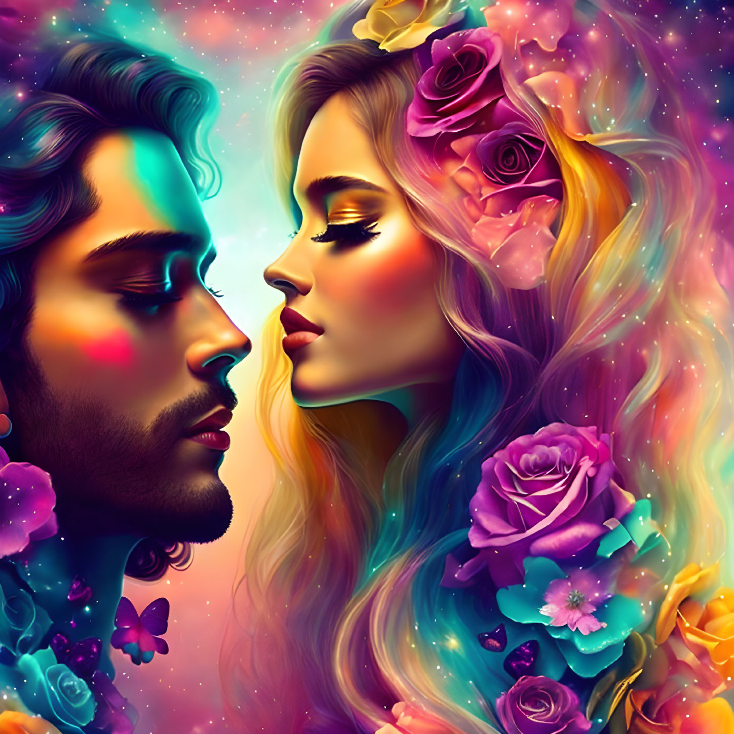 Colorful surreal art: Man and woman surrounded by floral motifs