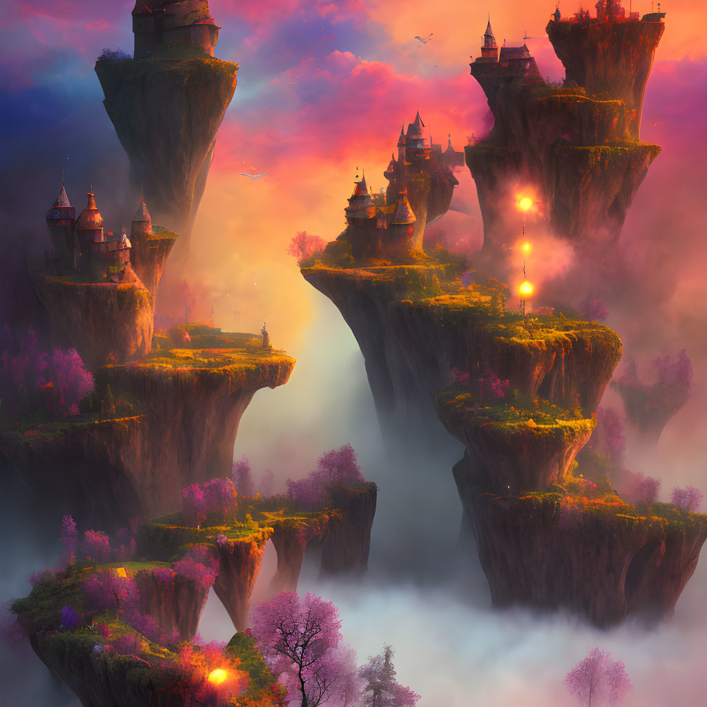 Floating islands with pink trees, castles, and fog in vibrant sunset scenery