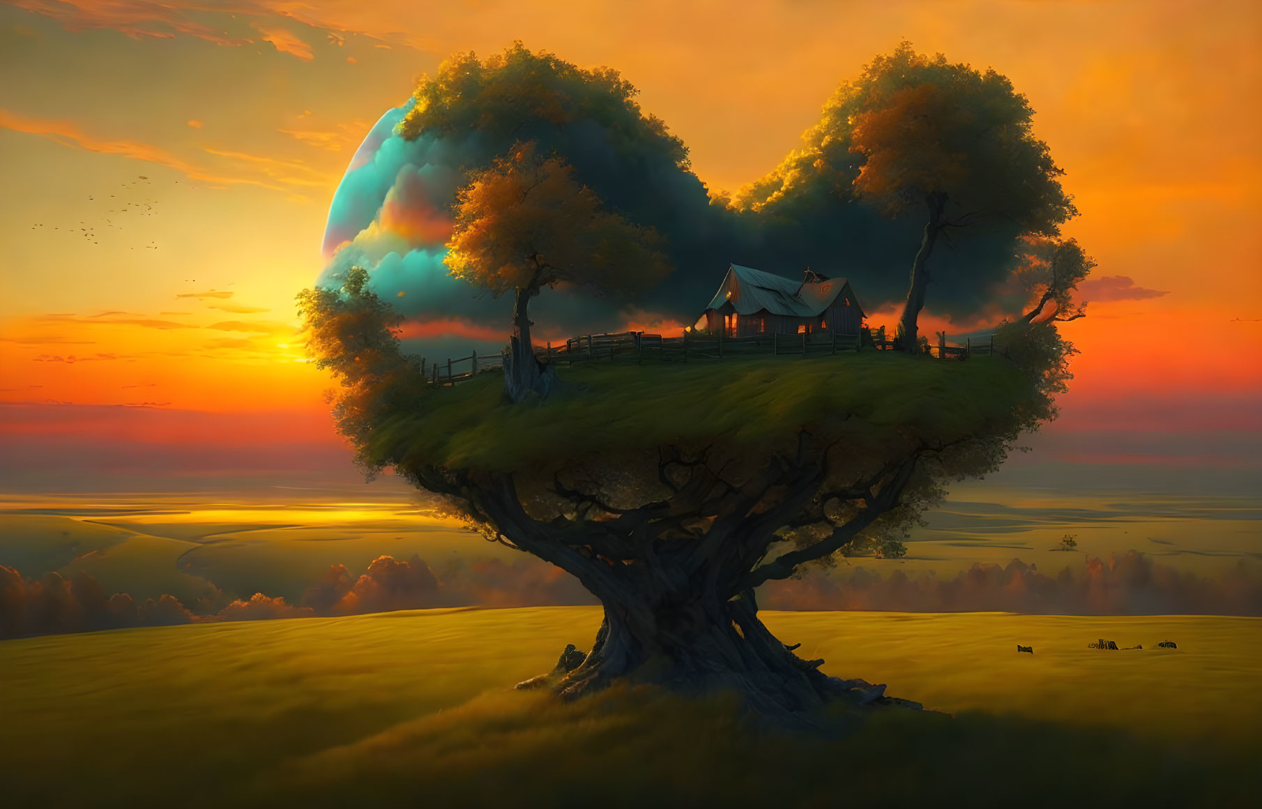 Fantasy landscape with giant tree, small house, and sunset planet