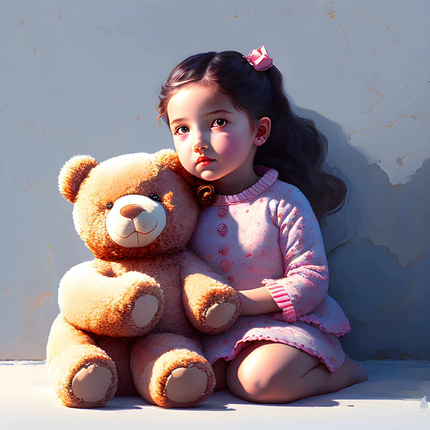 Digital artwork: Young girl with pink bow hugging smiling teddy bear by peeling wall.