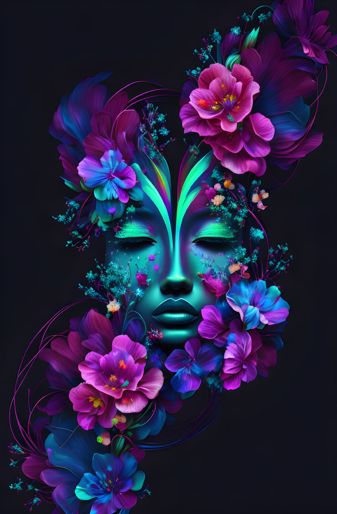 Colorful digital artwork: Face with luminous flowers on dark background