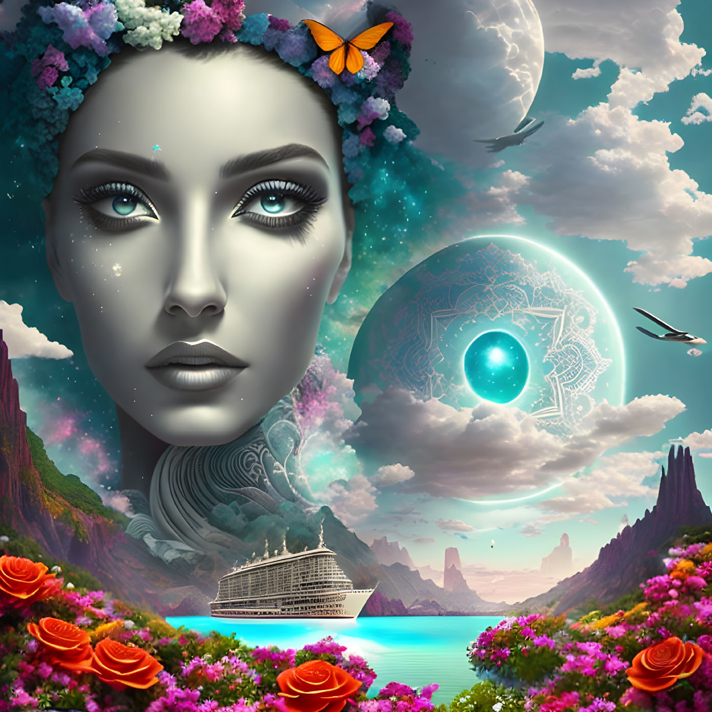 Surreal woman's face with flowers, butterfly, ocean liner, floral scenery, and mystical moon