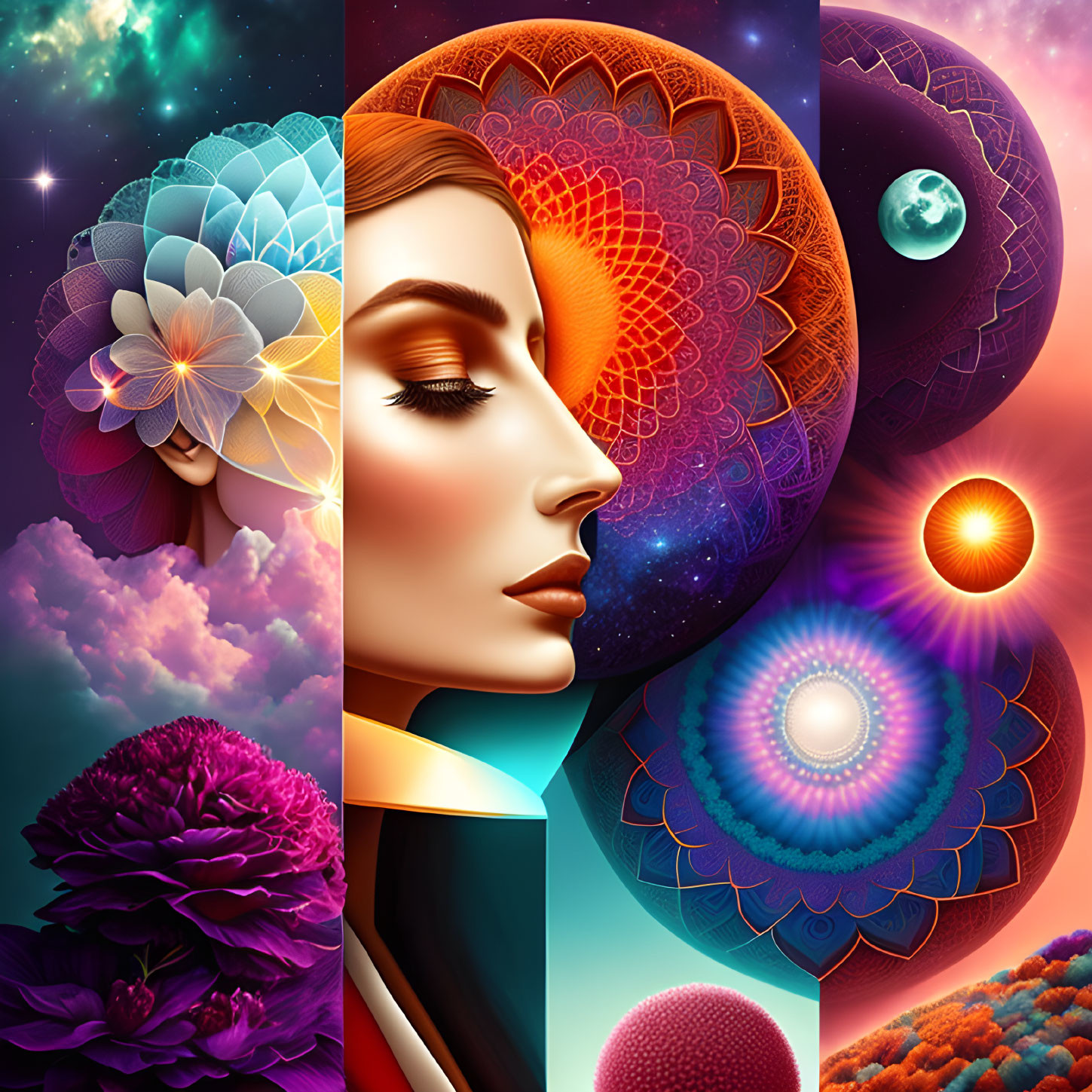 Colorful digital artwork: Woman's profile with cosmic and floral motifs