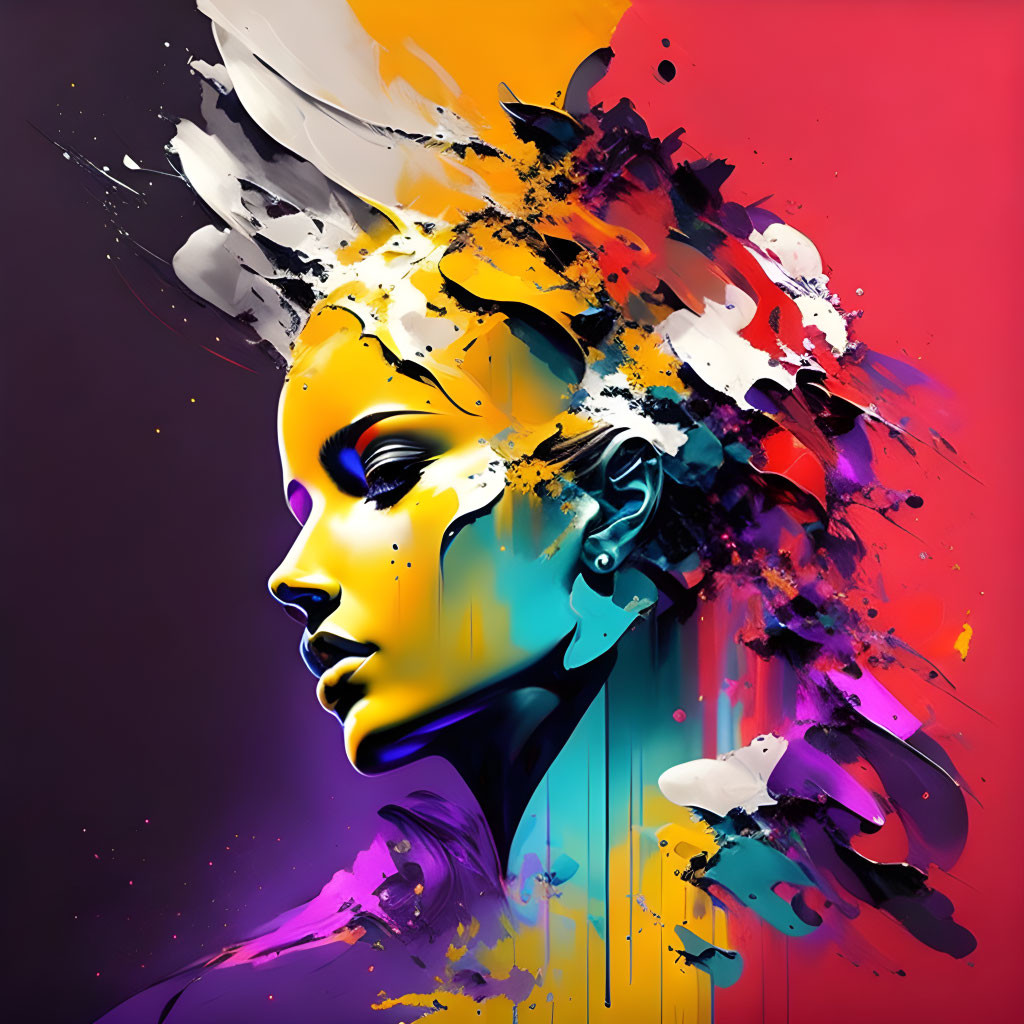 Colorful Abstract Digital Artwork of Woman's Profile with Splash Design