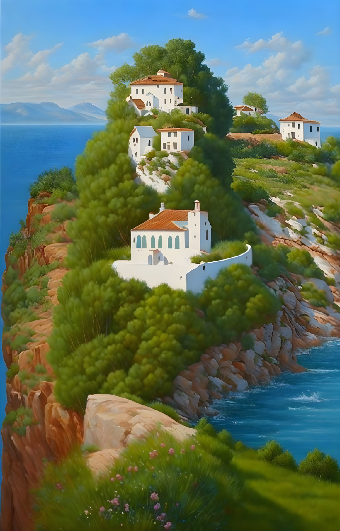 Tranquil Coastal Landscape with White Houses and Green Trees