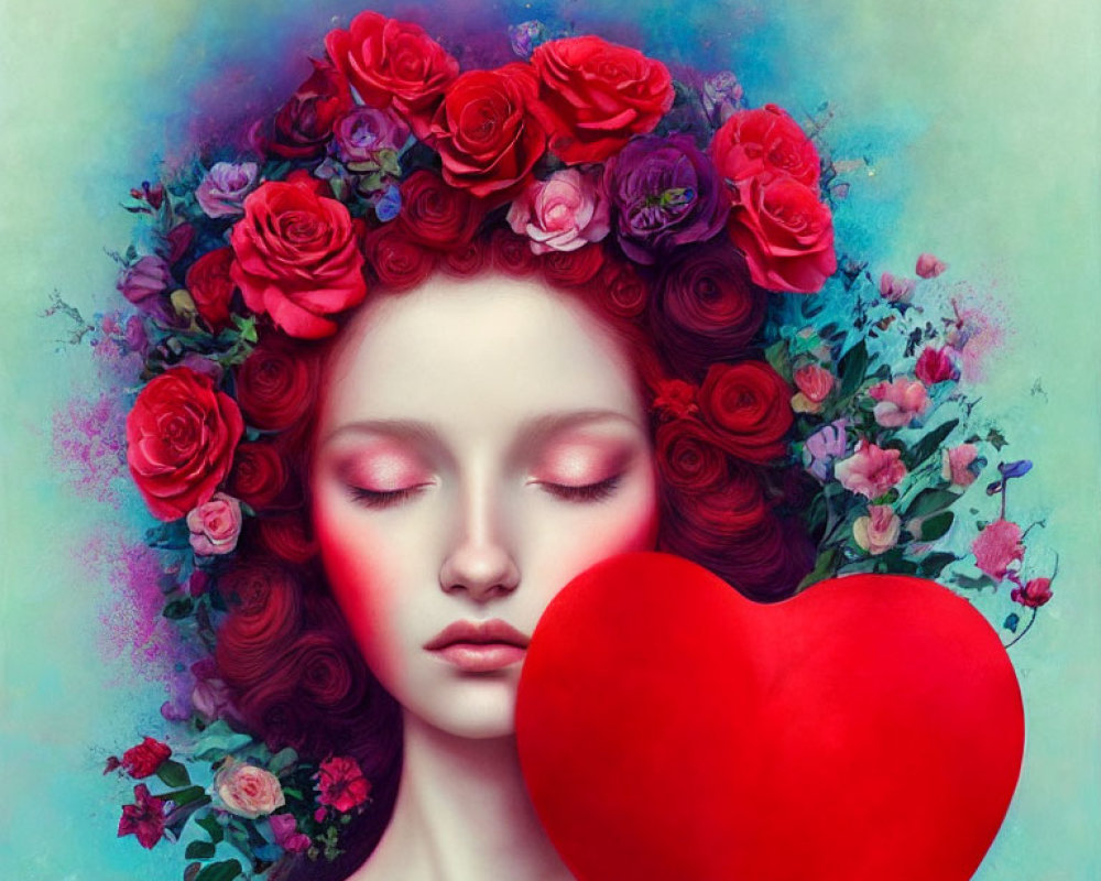 Serene woman with red rose crown holding plush heart on blue backdrop