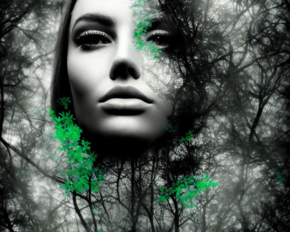 Monochrome image: Woman's face merging with forest backdrop, green leaves on skin