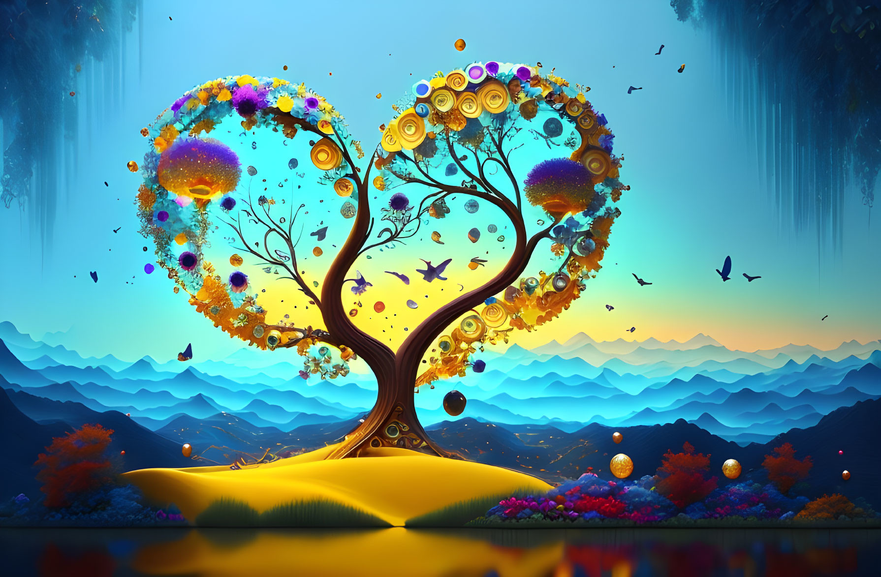 Colorful digital artwork of whimsical tree and butterflies against mountain backdrop