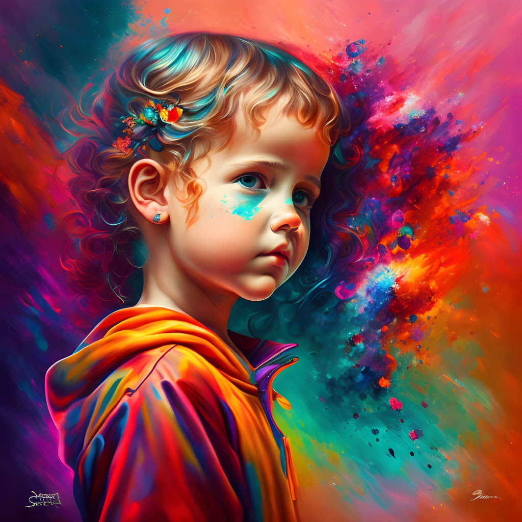 Colorful digital portrait of child with curly hair and blue floral accessory against cosmic backdrop