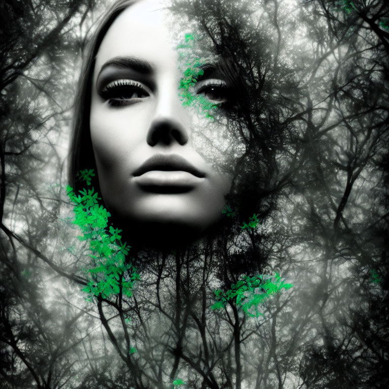 Monochrome image: Woman's face merging with forest backdrop, green leaves on skin