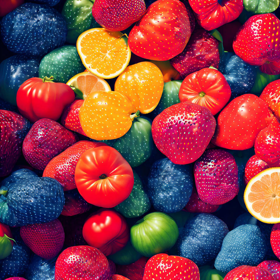 Colorful fruits and vegetables: strawberries, lemons, tomatoes, blueberries